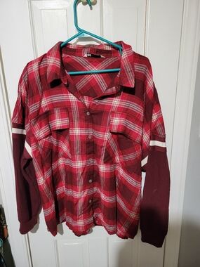SO Red Plaid Button-Down Shirt with Knit Sleeve Panels